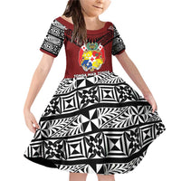 Personalised Tonga Constitution Day Family Matching Off Shoulder Short Dress and Hawaiian Shirt Tongan Kupesi Ngatu Pattern LT05 Daughter's Dress Red - Polynesian Pride