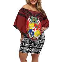 Personalised Tonga Constitution Day Family Matching Off Shoulder Short Dress and Hawaiian Shirt Tongan Kupesi Ngatu Pattern LT05 Mom's Dress Red - Polynesian Pride