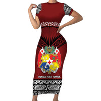Personalised Tonga Constitution Day Family Matching Short Sleeve Bodycon Dress and Hawaiian Shirt Tongan Kupesi Ngatu Pattern LT05 Mom's Dress Red - Polynesian Pride