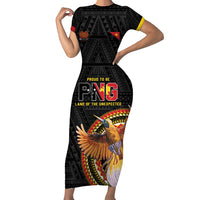 Papua New Guinea Tok Pisin Wik Short Sleeve Bodycon Dress Land Of The Unexpected LT05 Long Dress Black - Polynesian Pride