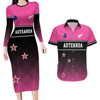 Custom New Zealand Women Cricket Couples Matching Long Sleeve Bodycon Dress and Hawaiian Shirt Pink Simple Style LT05 Pink - Polynesian Pride