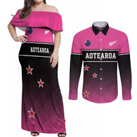 Custom New Zealand Women Cricket Couples Matching Off Shoulder Maxi Dress and Long Sleeve Button Shirt Pink Simple Style LT05 Pink - Polynesian Pride