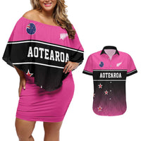 Custom New Zealand Women Cricket Couples Matching Off Shoulder Short Dress and Hawaiian Shirt Pink Simple Style LT05 Pink - Polynesian Pride