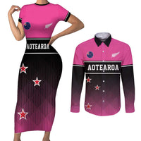 Custom New Zealand Women Cricket Couples Matching Short Sleeve Bodycon Dress and Long Sleeve Button Shirt Pink Simple Style LT05 Pink - Polynesian Pride