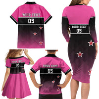 Custom New Zealand Women Cricket Family Matching Long Sleeve Bodycon Dress and Hawaiian Shirt Pink Simple Style LT05 - Polynesian Pride