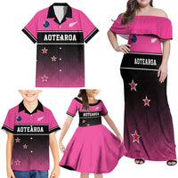Custom New Zealand Women Cricket Family Matching Off Shoulder Maxi Dress and Hawaiian Shirt Pink Simple Style LT05 - Polynesian Pride