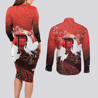 Hawaii and Japan Together Couples Matching Long Sleeve Bodycon Dress and Long Sleeve Button Shirt Polynesian Art Tattoo With Cranes And Sakura LT05 - Polynesian Pride