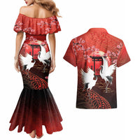 Hawaii and Japan Together Couples Matching Mermaid Dress and Hawaiian Shirt Polynesian Art Tattoo With Cranes And Sakura LT05 - Polynesian Pride
