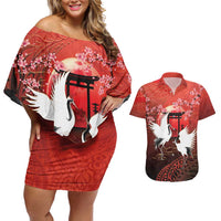 Hawaii and Japan Together Couples Matching Off Shoulder Short Dress and Hawaiian Shirt Polynesian Art Tattoo With Cranes And Sakura LT05 Red - Polynesian Pride