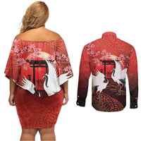 Hawaii and Japan Together Couples Matching Off Shoulder Short Dress and Long Sleeve Button Shirt Polynesian Art Tattoo With Cranes And Sakura LT05 - Polynesian Pride
