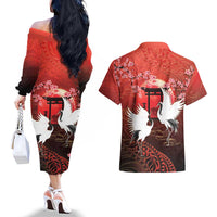 Hawaii and Japan Together Couples Matching Off The Shoulder Long Sleeve Dress and Hawaiian Shirt Polynesian Art Tattoo With Cranes And Sakura LT05 - Polynesian Pride
