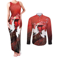Hawaii and Japan Together Couples Matching Tank Maxi Dress and Long Sleeve Button Shirt Polynesian Art Tattoo With Cranes And Sakura LT05 Red - Polynesian Pride