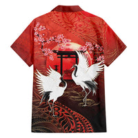 Hawaii and Japan Together Family Matching Off The Shoulder Long Sleeve Dress and Hawaiian Shirt Polynesian Art Tattoo With Cranes And Sakura LT05 - Polynesian Pride