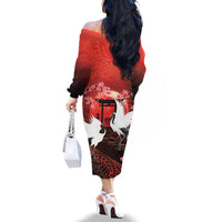 Hawaii and Japan Together Family Matching Off The Shoulder Long Sleeve Dress and Hawaiian Shirt Polynesian Art Tattoo With Cranes And Sakura LT05 - Polynesian Pride