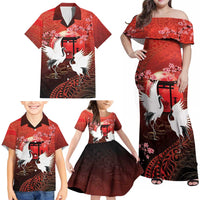 Hawaii and Japan Together Family Matching Off Shoulder Maxi Dress and Hawaiian Shirt Polynesian Art Tattoo With Cranes And Sakura LT05 - Polynesian Pride