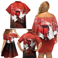 Hawaii and Japan Together Family Matching Off Shoulder Short Dress and Hawaiian Shirt Polynesian Art Tattoo With Cranes And Sakura LT05 - Polynesian Pride
