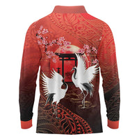 Hawaii and Japan Together Long Sleeve Polo Shirt Polynesian Art Tattoo With Cranes And Sakura LT05 - Polynesian Pride