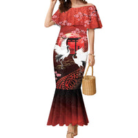 Hawaii and Japan Together Mermaid Dress Polynesian Art Tattoo With Cranes And Sakura LT05 Women Red - Polynesian Pride