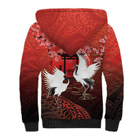 Hawaii and Japan Together Sherpa Hoodie Polynesian Art Tattoo With Cranes And Sakura LT05 - Polynesian Pride