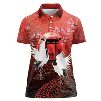 Hawaii and Japan Together Women Polo Shirt Polynesian Art Tattoo With Cranes And Sakura LT05 Female Red - Polynesian Pride