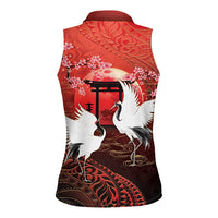 Hawaii and Japan Together Women Sleeveless Polo Shirt Polynesian Art Tattoo With Cranes And Sakura LT05 - Polynesian Pride