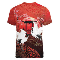 Hawaii and Japan Together Women V-Neck T-Shirt Polynesian Art Tattoo With Cranes And Sakura LT05 - Polynesian Pride