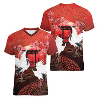 Hawaii and Japan Together Women V-Neck T-Shirt Polynesian Art Tattoo With Cranes And Sakura LT05 - Polynesian Pride