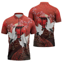 Hawaii and Japan Together Zipper Polo Shirt Polynesian Art Tattoo With Cranes And Sakura LT05 - Polynesian Pride