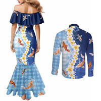 Hawaii And Japan Couples Matching Mermaid Dress and Long Sleeve Button Shirt Plumeria Lei With Koi Fish Blue LT05 - Polynesian Pride