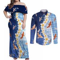 Hawaii And Japan Couples Matching Off Shoulder Maxi Dress and Long Sleeve Button Shirt Plumeria Lei With Koi Fish Blue LT05 Blue - Polynesian Pride