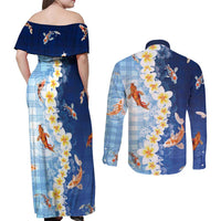 Hawaii And Japan Couples Matching Off Shoulder Maxi Dress and Long Sleeve Button Shirt Plumeria Lei With Koi Fish Blue LT05 - Polynesian Pride