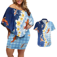Hawaii And Japan Couples Matching Off Shoulder Short Dress and Hawaiian Shirt Plumeria Lei With Koi Fish Blue LT05 Blue - Polynesian Pride