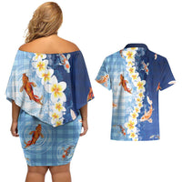 Hawaii And Japan Couples Matching Off Shoulder Short Dress and Hawaiian Shirt Plumeria Lei With Koi Fish Blue LT05 - Polynesian Pride