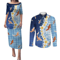 Hawaii And Japan Couples Matching Puletasi and Long Sleeve Button Shirt Plumeria Lei With Koi Fish Blue - Polynesian Pride