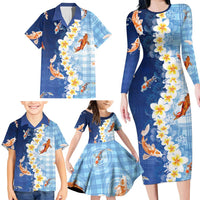 Hawaii And Japan Family Matching Long Sleeve Bodycon Dress and Hawaiian Shirt Plumeria Lei With Koi Fish Blue LT05 - Polynesian Pride
