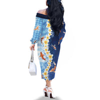 Hawaii And Japan Family Matching Off The Shoulder Long Sleeve Dress and Hawaiian Shirt Plumeria Lei With Koi Fish Blue LT05 - Polynesian Pride