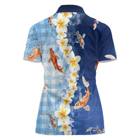 Hawaii And Japan Women Polo Shirt Plumeria Lei With Koi Fish Blue LT05 - Polynesian Pride