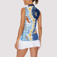 Hawaii And Japan Women Sleeveless Polo Shirt Plumeria Lei With Koi Fish Blue LT05 - Polynesian Pride