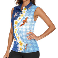 Hawaii And Japan Women Sleeveless Polo Shirt Plumeria Lei With Koi Fish Blue LT05 - Polynesian Pride