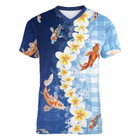 Hawaii And Japan Women V-Neck T-Shirt Plumeria Lei With Koi Fish Blue LT05 Female Blue - Polynesian Pride
