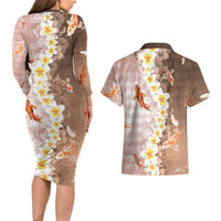 Hawaii And Japan Couples Matching Long Sleeve Bodycon Dress and Hawaiian Shirt Plumeria Lei With Koi Fish Beige LT05 - Polynesian Pride