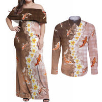 Hawaii And Japan Couples Matching Off Shoulder Maxi Dress and Long Sleeve Button Shirt Plumeria Lei With Koi Fish Beige LT05 Beige - Polynesian Pride
