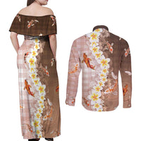 Hawaii And Japan Couples Matching Off Shoulder Maxi Dress and Long Sleeve Button Shirt Plumeria Lei With Koi Fish Beige LT05 - Polynesian Pride
