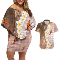 Hawaii And Japan Couples Matching Off Shoulder Short Dress and Hawaiian Shirt Plumeria Lei With Koi Fish Beige LT05 Beige - Polynesian Pride