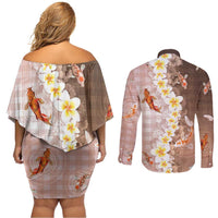 Hawaii And Japan Couples Matching Off Shoulder Short Dress and Long Sleeve Button Shirt Plumeria Lei With Koi Fish Beige LT05 - Polynesian Pride