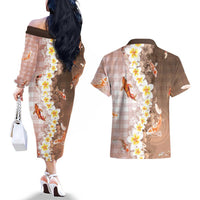 Hawaii And Japan Couples Matching Off The Shoulder Long Sleeve Dress and Hawaiian Shirt Plumeria Lei With Koi Fish Beige LT05 - Polynesian Pride