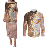 Hawaii And Japan Couples Matching Puletasi and Long Sleeve Button Shirt Plumeria Lei With Koi Fish Beige LT05 Beige - Polynesian Pride