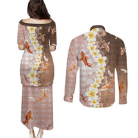 Hawaii And Japan Couples Matching Puletasi and Long Sleeve Button Shirt Plumeria Lei With Koi Fish Beige LT05 - Polynesian Pride