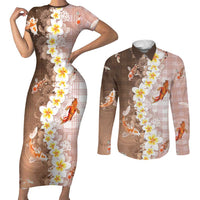 Hawaii And Japan Couples Matching Short Sleeve Bodycon Dress and Long Sleeve Button Shirt Plumeria Lei With Koi Fish Beige LT05 Beige - Polynesian Pride
