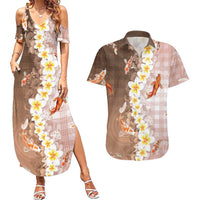 Hawaii And Japan Couples Matching Summer Maxi Dress and Hawaiian Shirt Plumeria Lei With Koi Fish Beige LT05 Beige - Polynesian Pride
